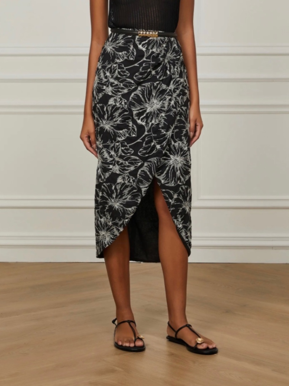 NWT Animale Black Embroidered Midi Wrap Skirt (size S)
